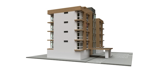 Small white and beige condominium with elevator and garage. 3d rendering.