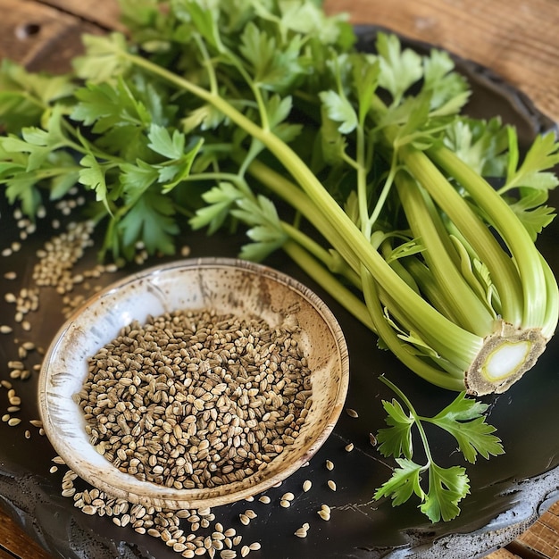 Photo a small white bowl with seeds in it and a small white bowl on the table