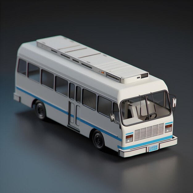 A small white bus with a blue stripe on the side.