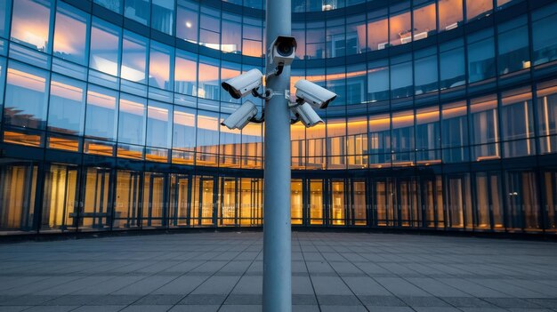 Photo small white cctv cameras on a pole agnst the background of a modern highrise building