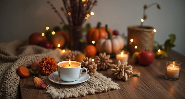 Photo a small white cup of tea sits on a table with pumpkins and pumpkins