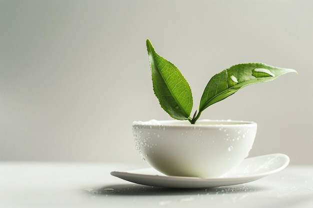 a small white cup with a plant growing out of it