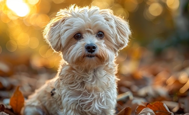 Small white dog sits in leaves in the fall A funny little dogs