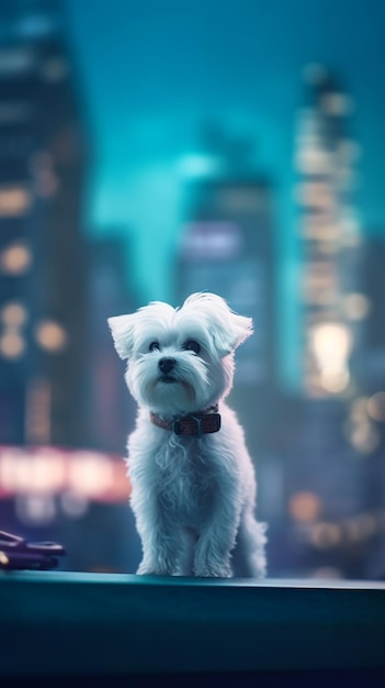 A small white dog sits on a ledge in front of a cityscape.