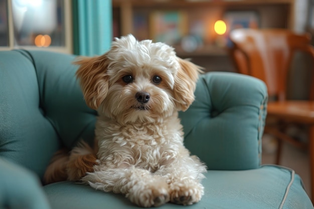 Small white dog sitting on blue chair