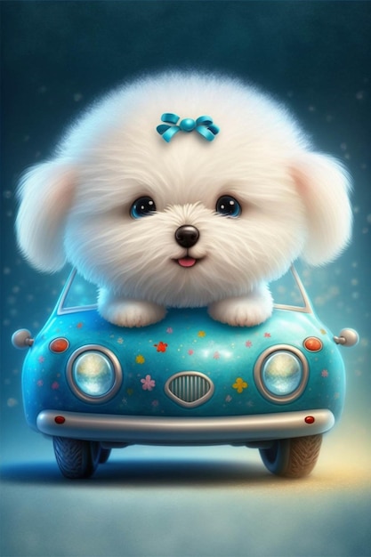 Small white dog sitting on top of a blue car generative ai