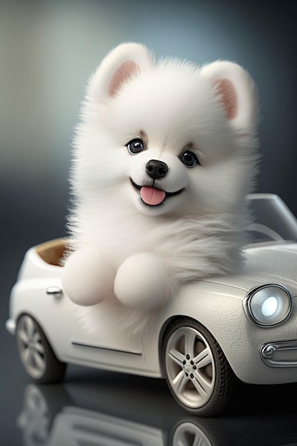 Small white dog sitting in a toy car generative ai