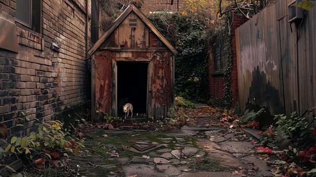 A small white dog stands in the doorway of a rundown wooden doghouse in a backyard The walls of the house are covered in peeling red paint