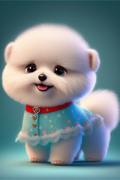 Small white dog wearing a blue dress generative ai