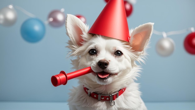 Photo small white dog wearing a red party hat is holding a red party favor in its mouth