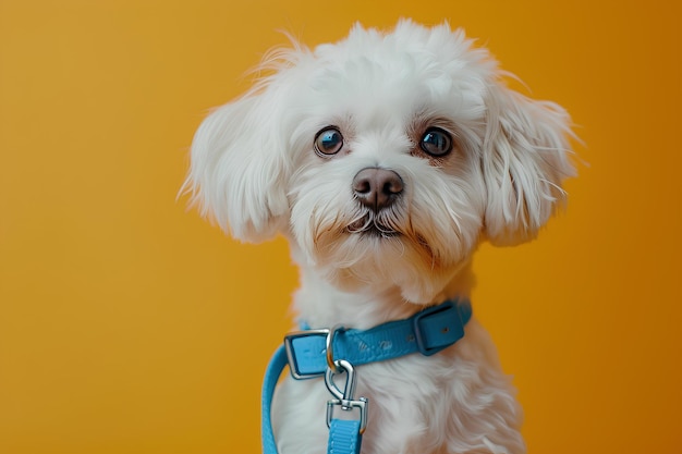 A small white dog with a blue collar