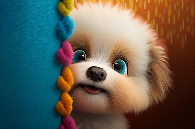 Small white dog with blue eyes peeking out from behind curtain Generative AI