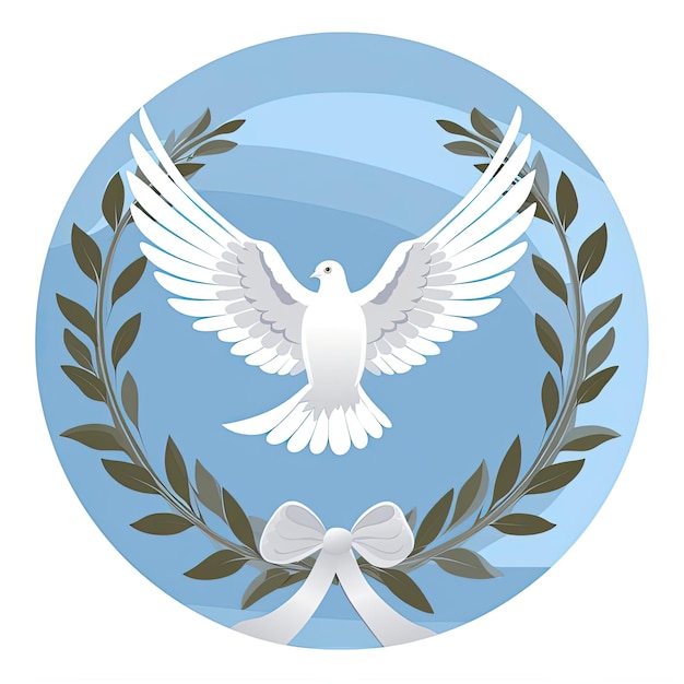 a small white dove flying in the air with a wreath around its neck in the style of light gray