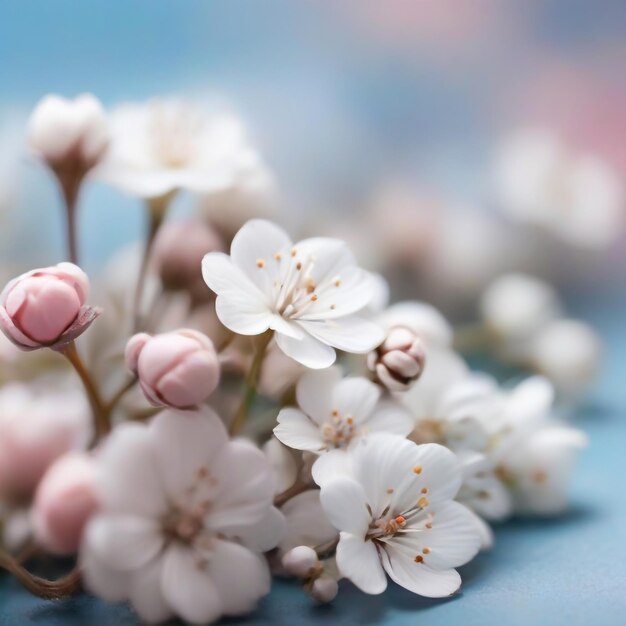 Small white flowers on a toned on gentle soft blue and pink background outdoors