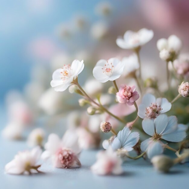 Small white flowers on a toned on gentle soft blue and pink background outdoors