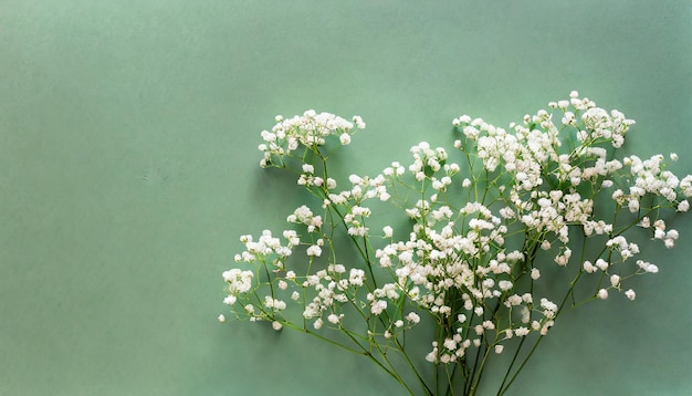 Small white gypsophila flowers on pastel green background Women_s Day Mother_s Day Valentine_s Day W