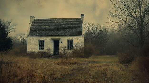 Small white house in a field with trees