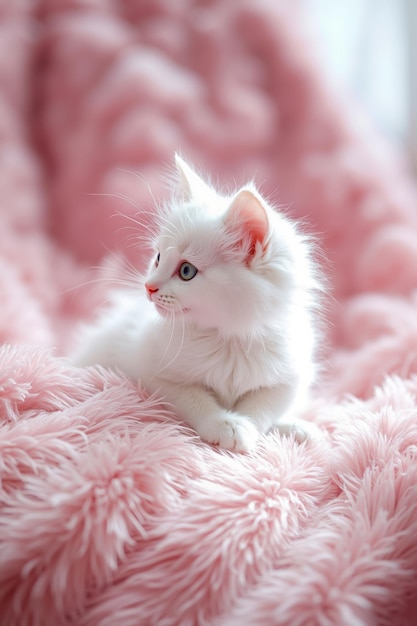 Photo a small white kitten sitting on a pink blanket