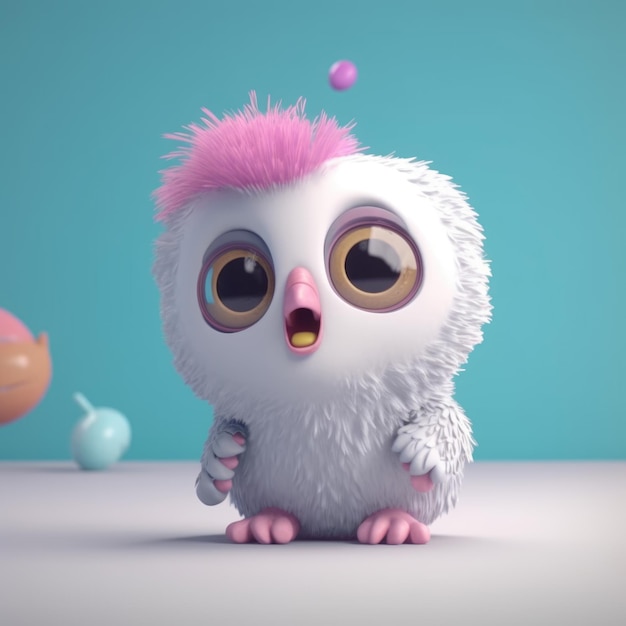 A small white owl with pink eyes and pink eyes is on a blue background