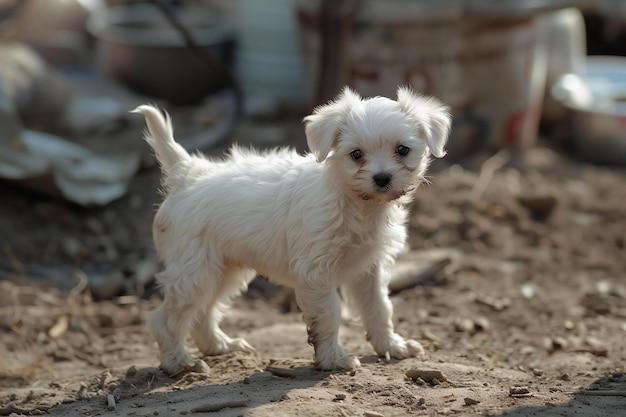 a small white puppy with a black nose and a white face