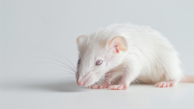 A small white rat with pink ears and a pink nose sits on a white surface