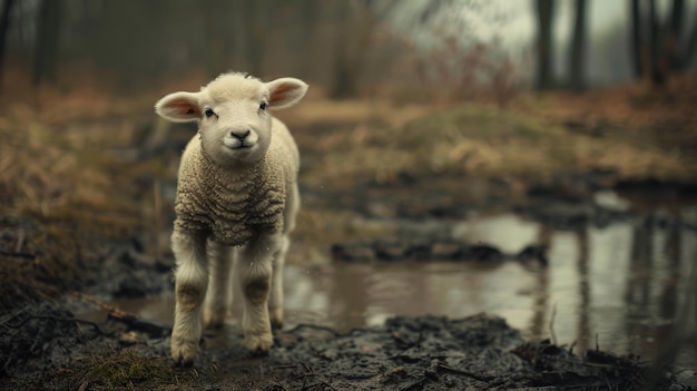 Photo a small white sheep stands in a muddy stream generate ai image