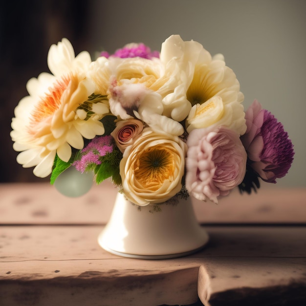 A small white vase with a purple, yellow, and pink flowers in it.