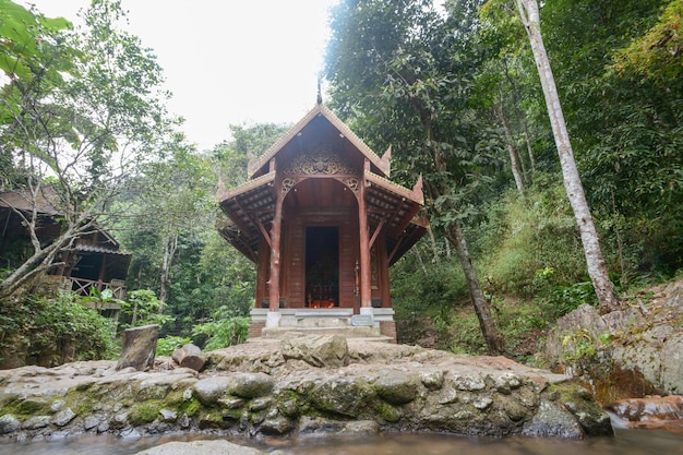 Small wood church at kantrapruksa temple in Mae Kampong , surround by waterfall and jungle in Maekam