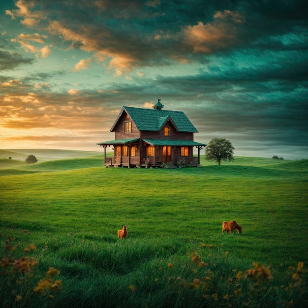 A Small Wood House in the Green Fields