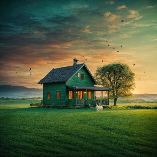 A Small Wood House in the Green Fields