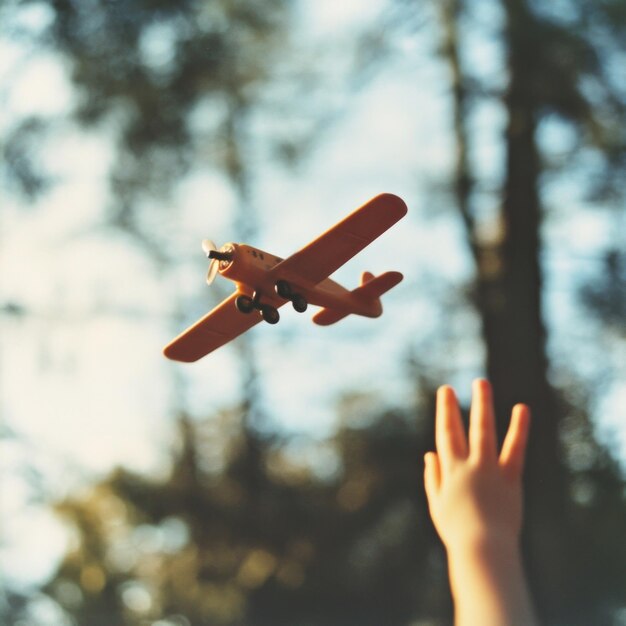 A small wooden airplane toy is held in the air by a hand against a blurry background of green trees