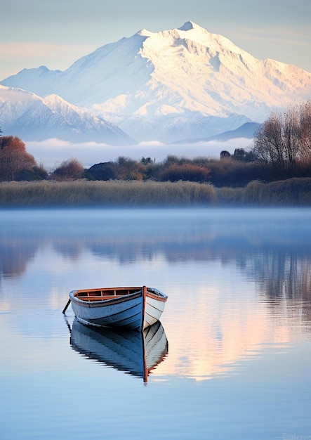 Small wooden boat peacefully gliding on a calm lake with snowcapped mountains majestically rising