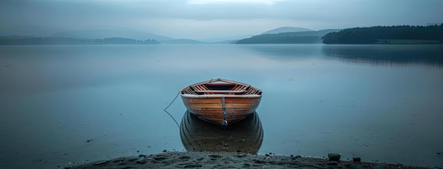 Photo a small wooden boat pulled up onto the shore of a lake surrounded by the fading light of dusk