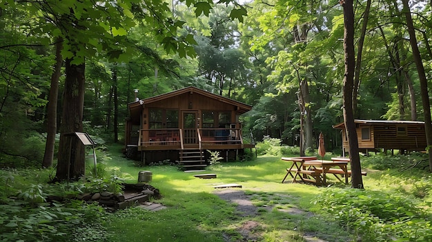 Small wooden cabin nestled in a lush green forest The cabin has a large deck with a picnic table and adirondack chairs