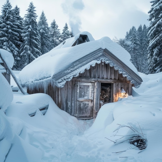 Photo a small wooden cabin nestled in a snowy forest with a lit lantern