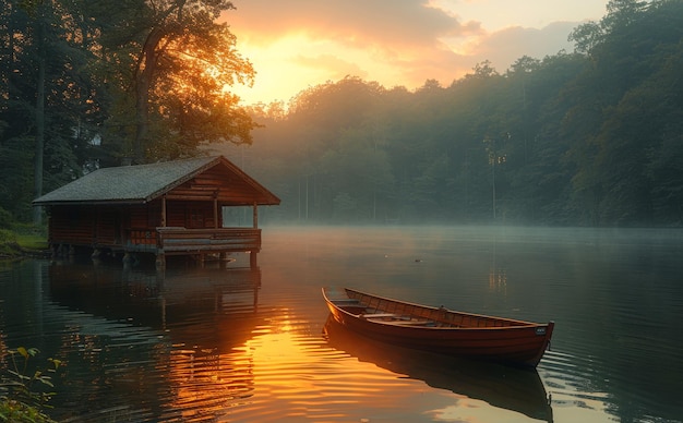 A small wooden cabin sits on the edge of a lake The cabin is surrounded by trees and the water is calm The sun is setting casting a warm glow over the scene