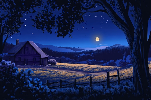 A small wooden cabin sits on a hill overlooking a valley under a full moon and starry sky