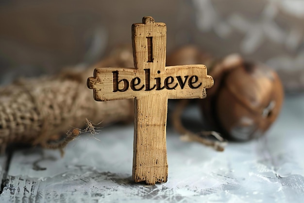 Photo a small wooden cross with the word believe carved into it set against an isolated background of s