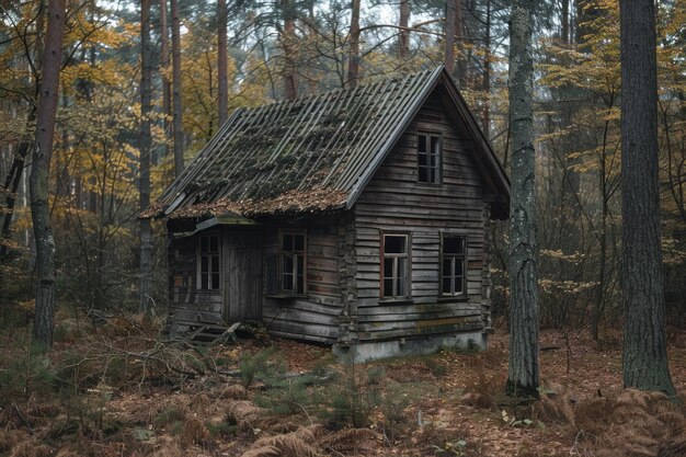 Small wooden house abandoned in the middle of the forest