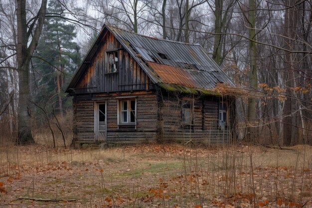 Small wooden house abandoned in the middle of the forest