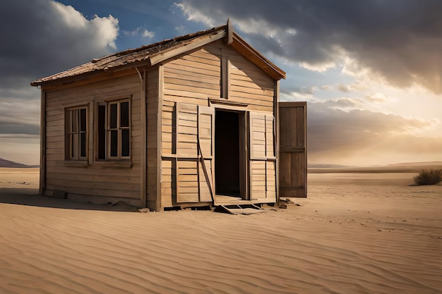 A small wooden house in the desert with the sun setting behind it.