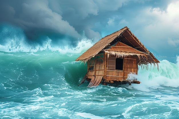 A small wooden house is floating in the ocean during a storm