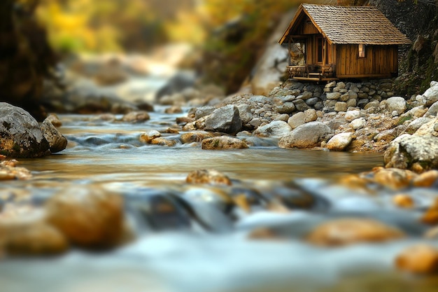 Photo a small wooden house is placed on the stones in front of flowing water creating a beautiful scene