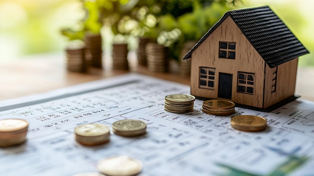 Photo small wooden house model with stacks of coins on a table with handwritten calculations on a piece of paper