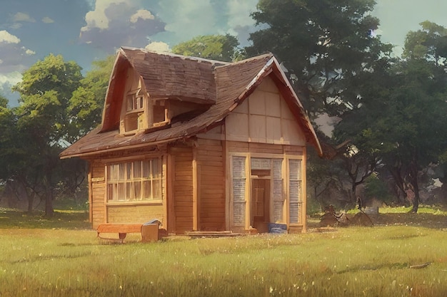 Small wooden house on the prairie digital drawing in anime style