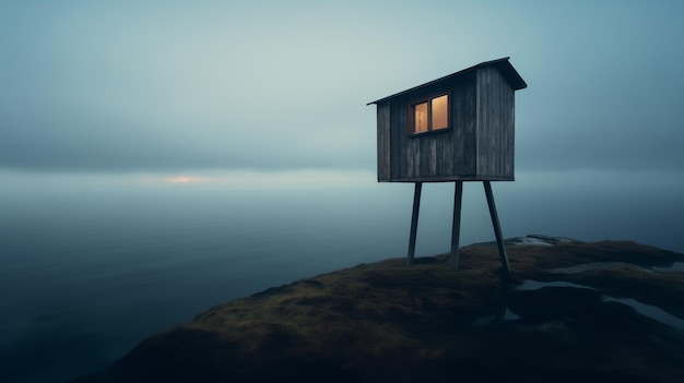 Photo a small wooden house on the shore of a lake