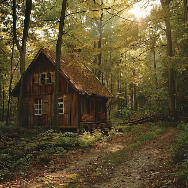 Photo a small wooden house sits in the woods