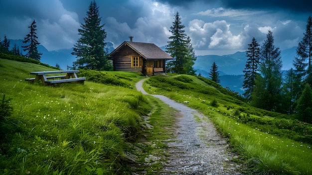 A small wooden house on top of a grassy hill