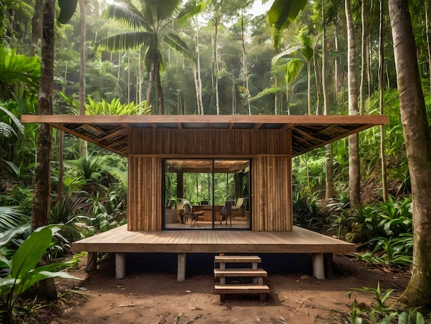 a small wooden house with a bench and trees in the background