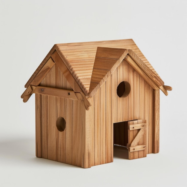 A small wooden house with an open door on a flat white background